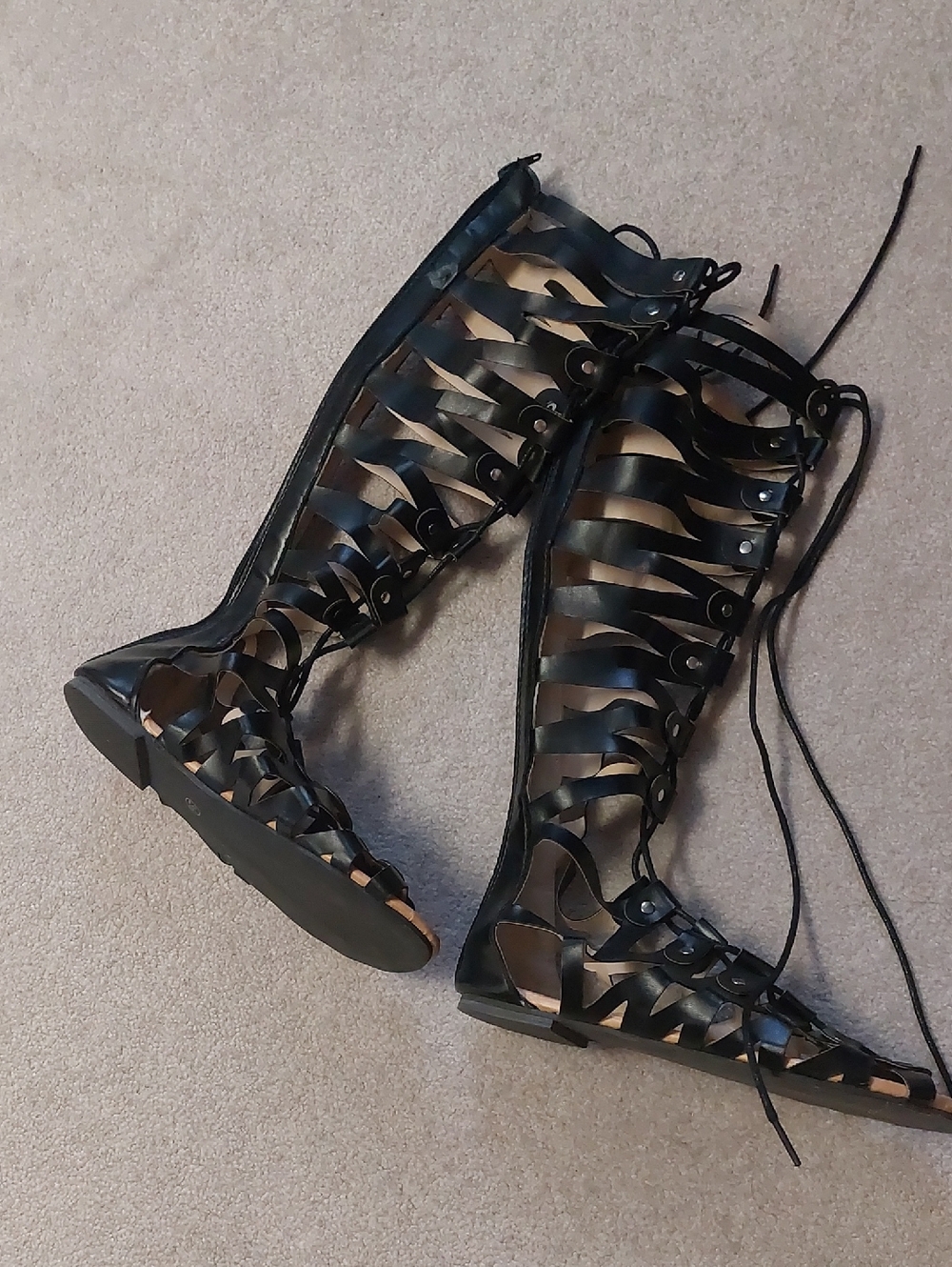 Black Gladiator Lace-Up Flat Sandals - Women's Knee-High